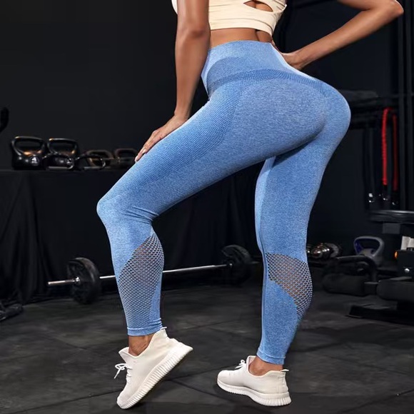 Pants - Blue Women's High Waist High Stretch Fishnet Gym Sports Yoga Pants Leggings (M)